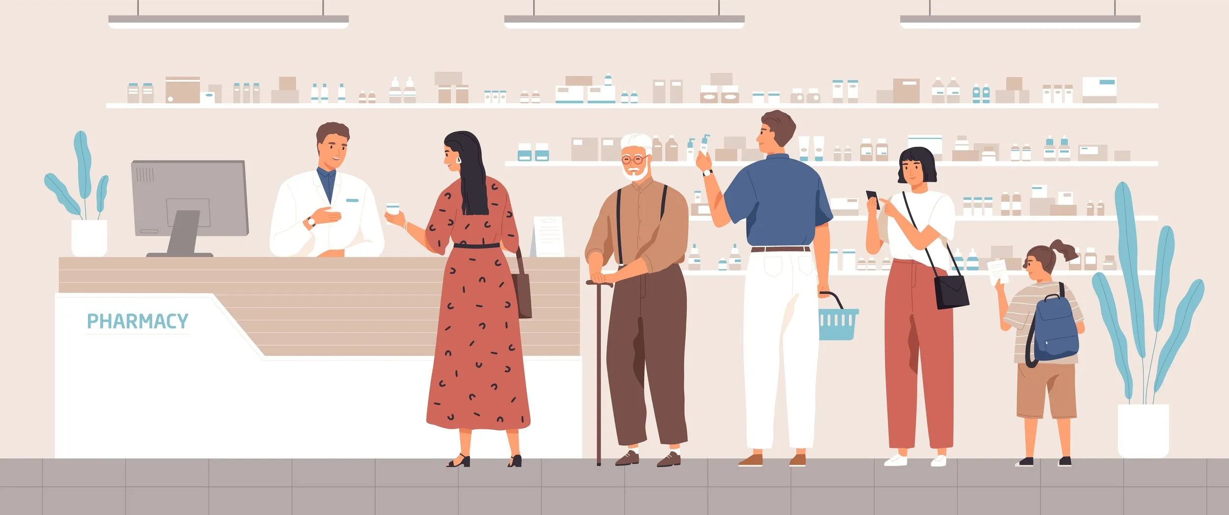 Illustration of a pharmacist serving customers at a pharmacy counter